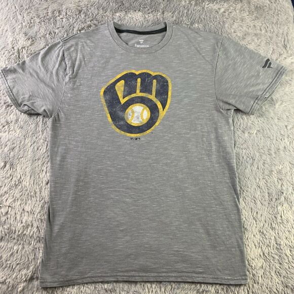 Milwaukee Brewers Shirt Mens Medium Gray Distressed Logo Short Sleeve Fanatics - Picture 2 of 8